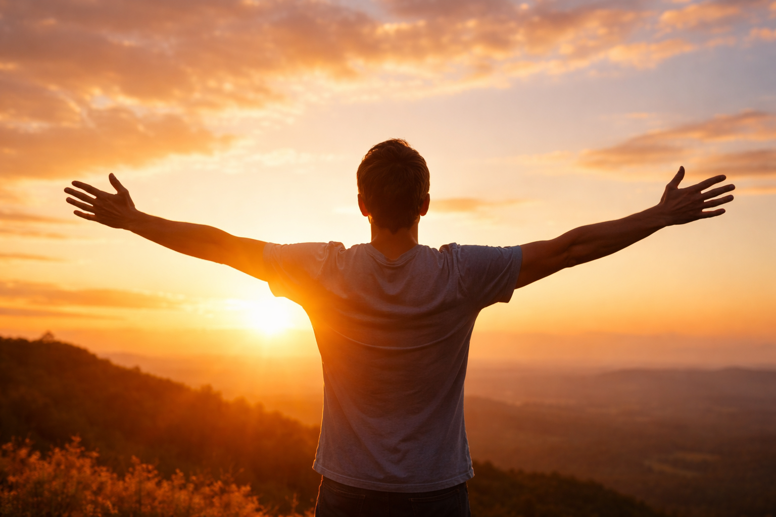 Person with arms spread against golden sunset sky, symbolizing freedom from anxiety